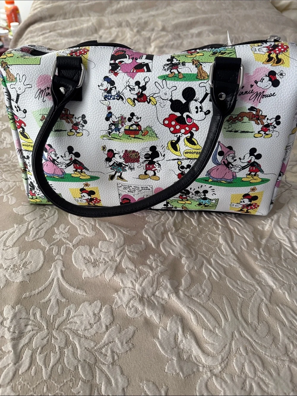 Disney White Satchel with Black Handles and Multi-Color Cartoon Print